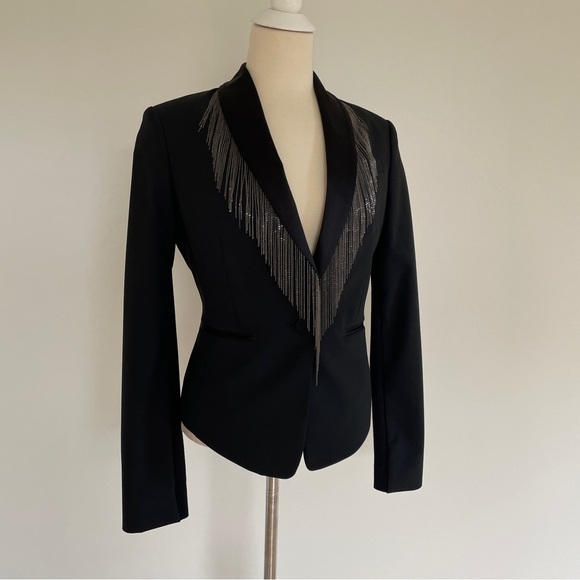 BCBG Maxazria Black Chain Fringe Embellished Lapel Blazer Jacket Tuxedo - Picture 2 of 5